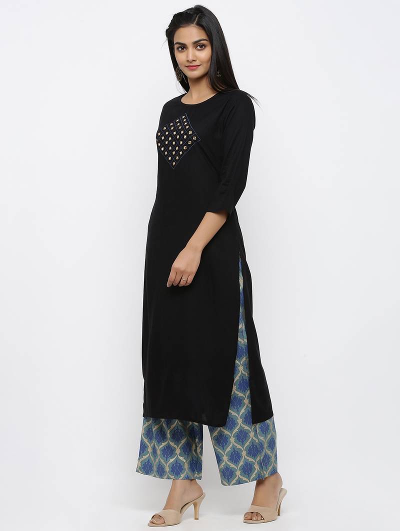 Women's Black Rayon Embroidery Straight Kurta Palazzo Set