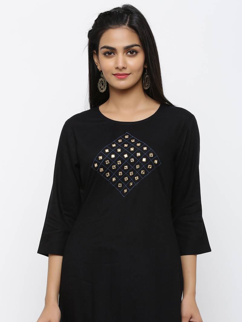 Women's Black Rayon Embroidery Straight Kurta Palazzo Set