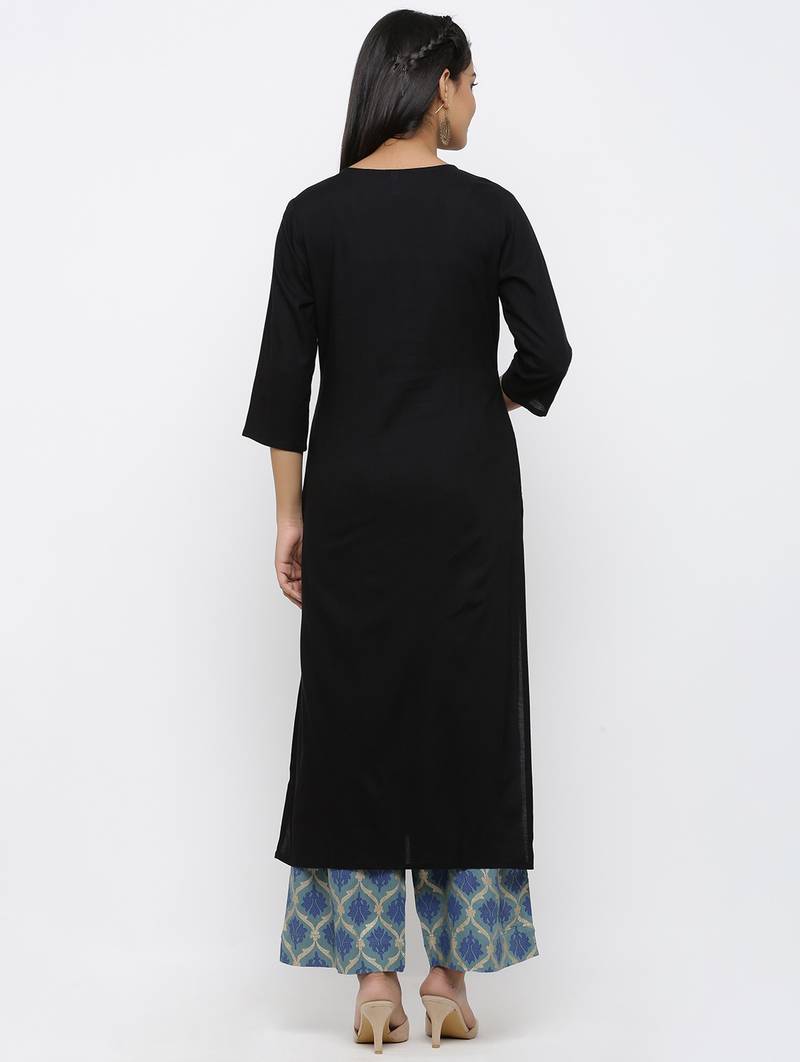 Women's Black Rayon Embroidery Straight Kurta Palazzo Set