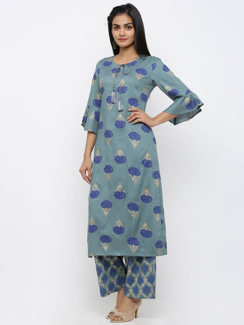 Women's Blue Rayon Printed Straight Kurta Palazzo Set
