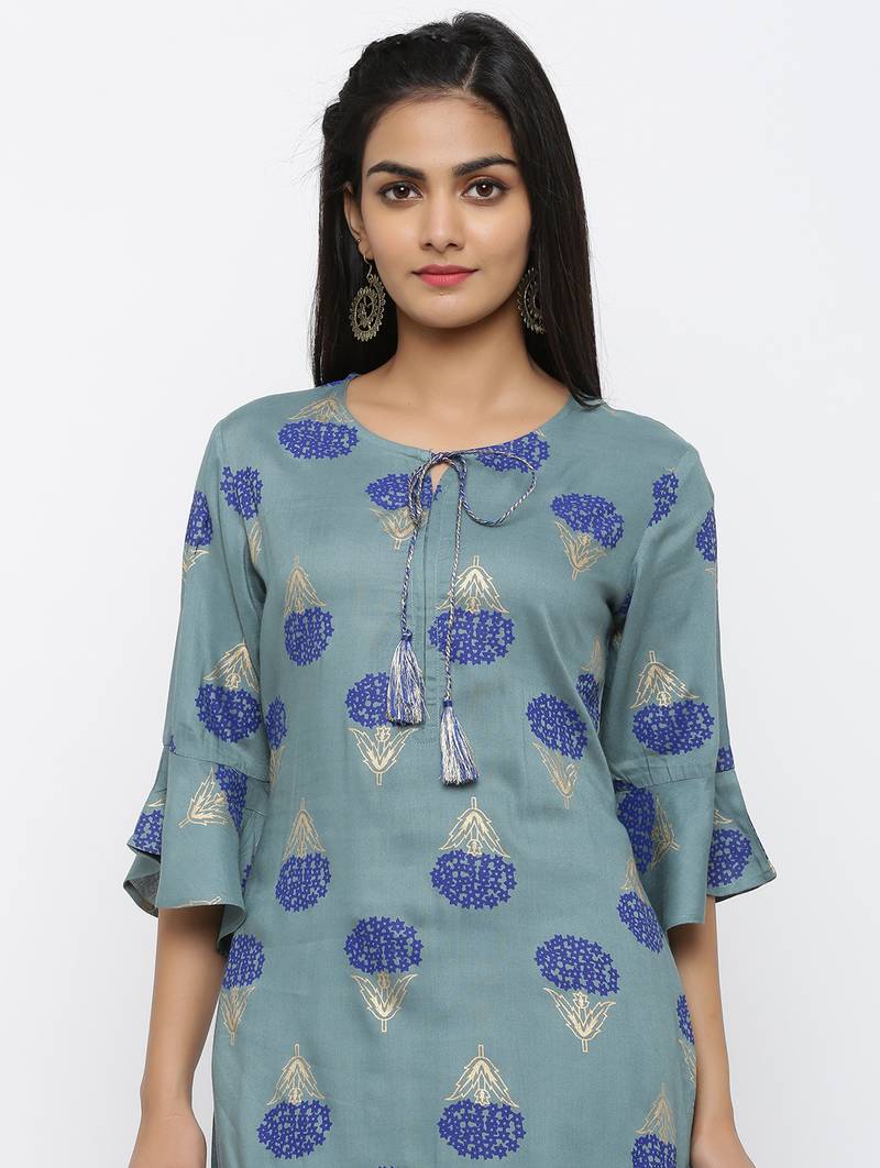 Women's Blue Rayon Printed Straight Kurta Palazzo Set