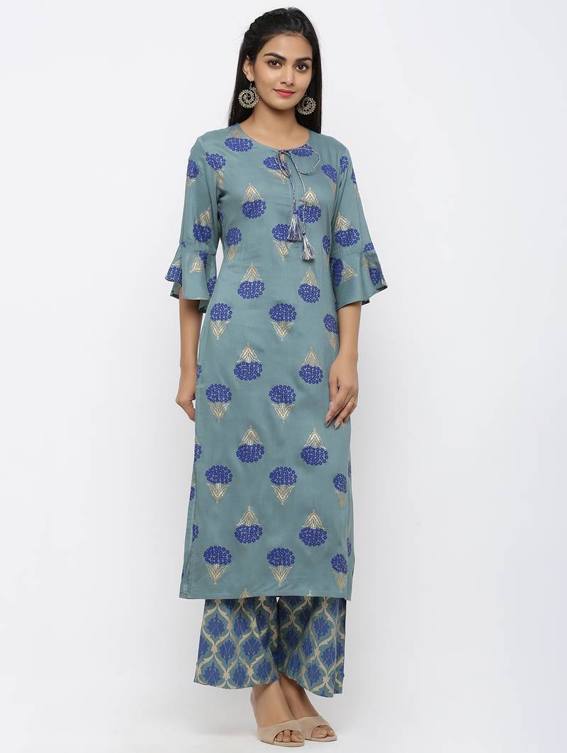 Women's Blue Rayon Printed Straight Kurta Palazzo Set