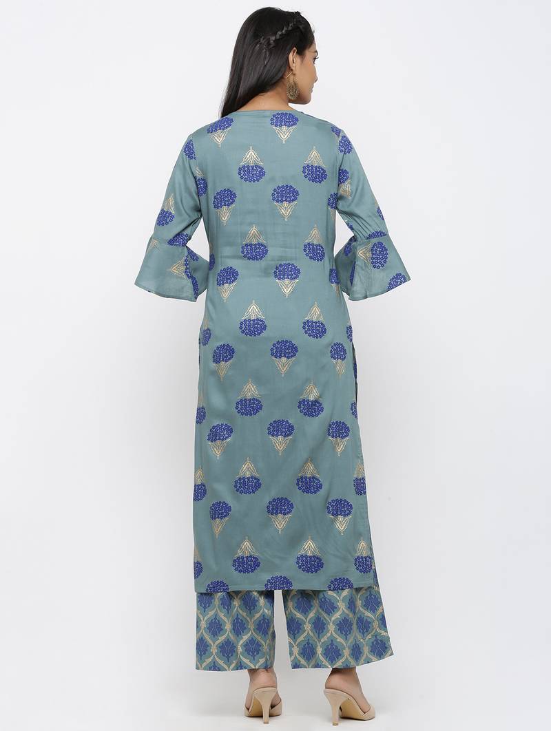 Women's Blue Rayon Printed Straight Kurta Palazzo Set