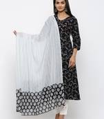 Women's Black Cotton & Mulmul Printed & Embroidery A-line Kurta Pant & Dupatta Set
