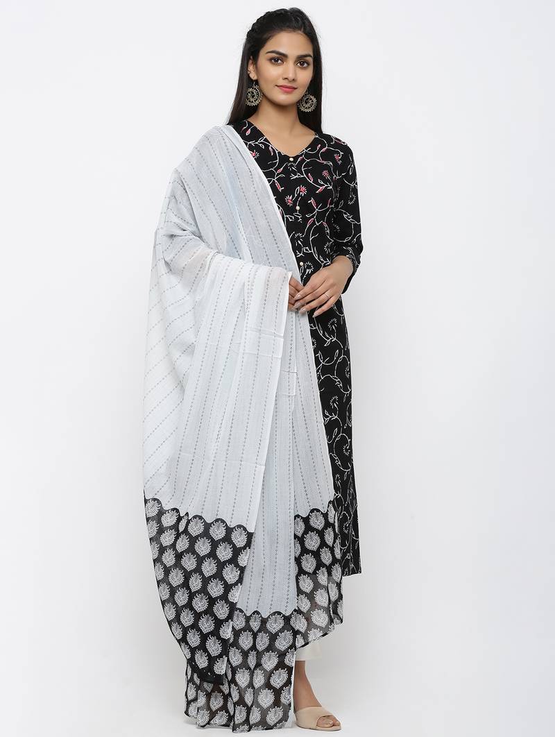 Women's Black Cotton & Mulmul Printed & Embroidery A-line Kurta Pant & Dupatta Set