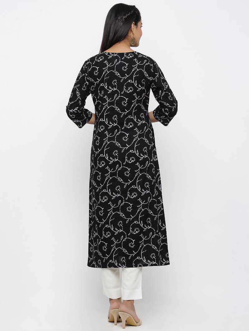 Women's Black Cotton & Mulmul Printed & Embroidery A-line Kurta Pant & Dupatta Set