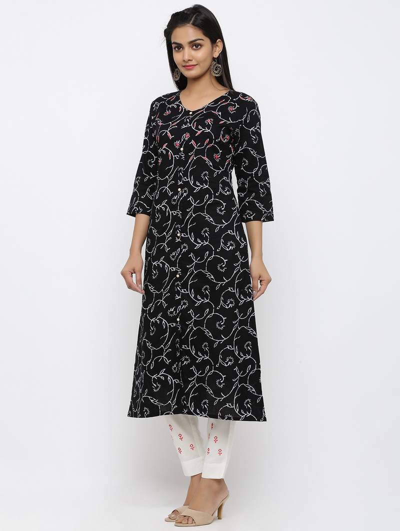 Women's Black Cotton & Mulmul Printed & Embroidery A-line Kurta Pant & Dupatta Set