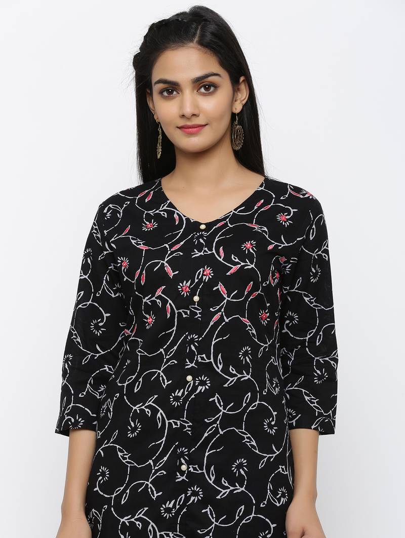 Women's Black Cotton & Mulmul Printed & Embroidery A-line Kurta Pant & Dupatta Set