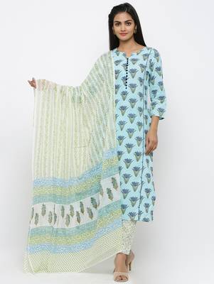 Women's Sky Blue Cotton Printed Straight Kurta Pant & Dupatta Set 1