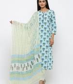Women's Sky Blue Cotton Printed Straight Kurta Pant & Dupatta Set