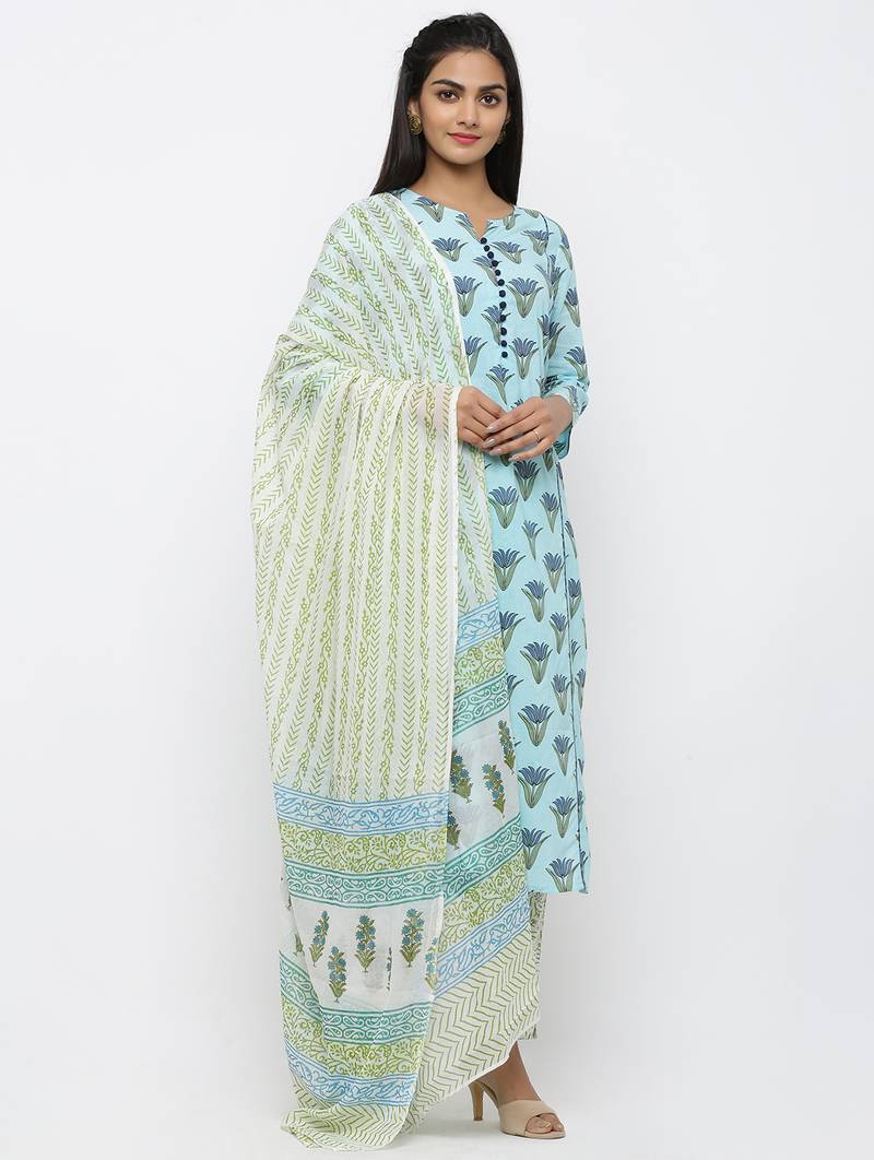 Women's Sky Blue Cotton Printed Straight Kurta Pant & Dupatta Set