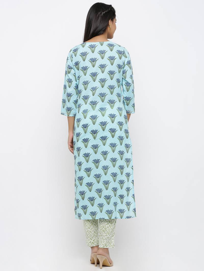 Women's Sky Blue Cotton Printed Straight Kurta Pant & Dupatta Set