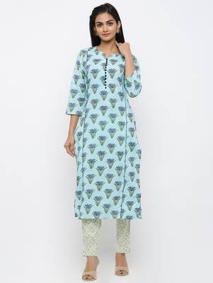 Women's Sky Blue Cotton Printed Straight Kurta Pant & Dupatta Set 4