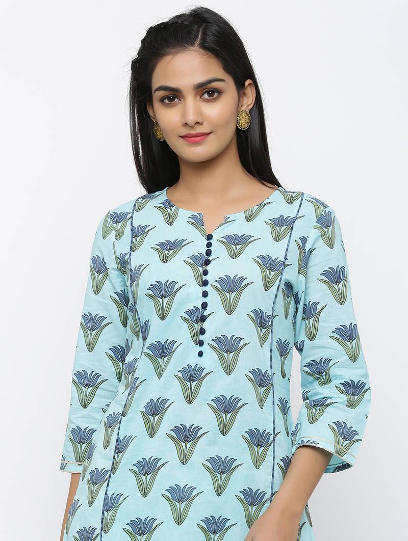 Women's Sky Blue Cotton Printed Straight Kurta Pant & Dupatta Set