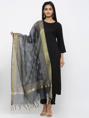 Women's Black Rayon Printed Straight Kurta Pant & Dupatta Set 1