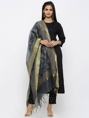 Women's Black Rayon Printed Straight Kurta Pant & Dupatta Set 3