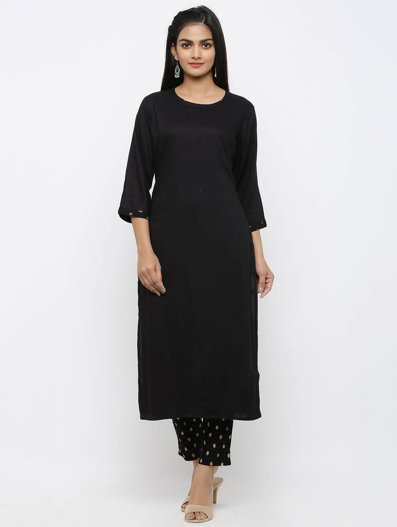 Women's Black Rayon Printed Straight Kurta Pant & Dupatta Set