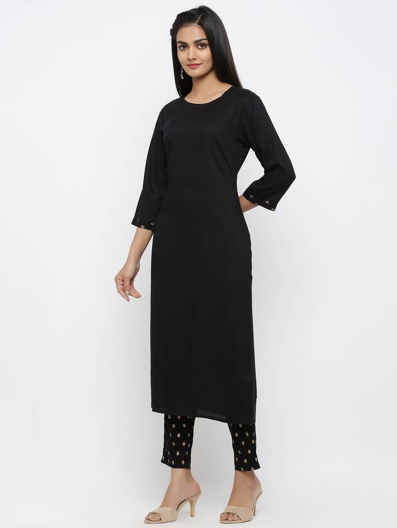 Women's Black Rayon Printed Straight Kurta Pant & Dupatta Set