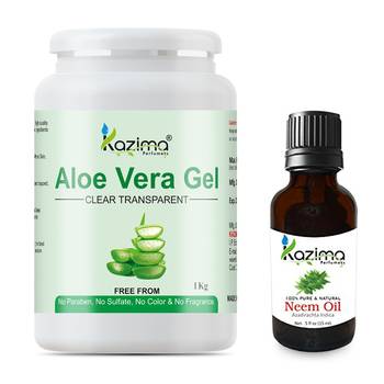 Kazima Aloe Vera Gel Raw (1KG) and Neem Oil (15ml) Raw Combo Pack Ideal for Skin Treatment, Acne Scars, Face 1