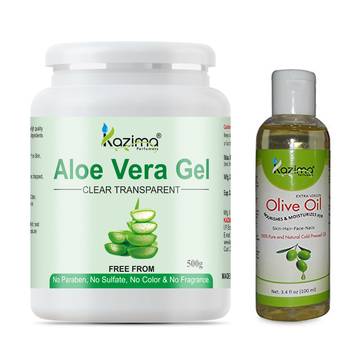 Kazima Aloe Vera Gel Raw (500 Gram) and Olive oil 100ml  - Ideal for Skin Treatment, Dark Circles, Face, Hair Treatment 1