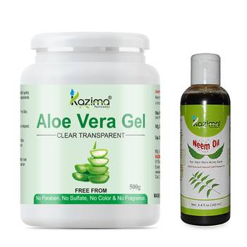 Kazima Aloe Vera Gel Raw (500 Gram) and Neem Oil 100ml Raw Combo Pack Ideal for Skin Treatment 1