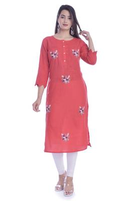 Red Color Cotton Fabric Straight Kurti 1