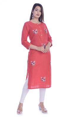 Red Color Cotton Fabric Straight Kurti 3