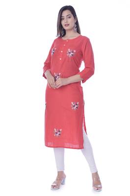 Red Color Cotton Fabric Straight Kurti 4