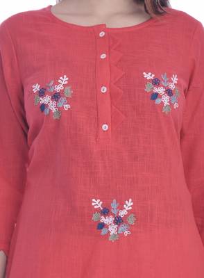 Red Color Cotton Fabric Straight Kurti 5