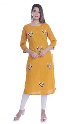 Yellow Color Cotton Fabric Straight Kurti 1