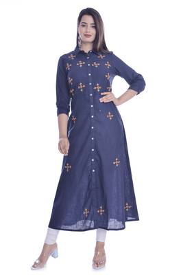 Blue Color Coton Slub Fabric A-Line Kurti 1