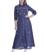 Blue Color Coton Slub Fabric A-Line Kurti