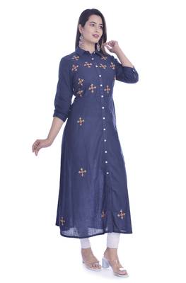 Blue Color Coton Slub Fabric A-Line Kurti 3