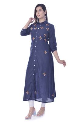 Blue Color Coton Slub Fabric A-Line Kurti 4