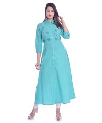 Turquoise Color Coton Slub Fabric A-Line Kurti 1