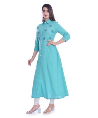 Turquoise Color Coton Slub Fabric A-Line Kurti 2