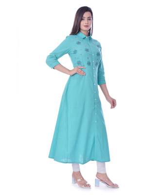 Turquoise Color Coton Slub Fabric A-Line Kurti 3