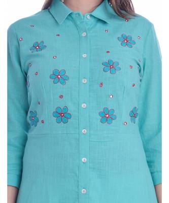 Turquoise Color Coton Slub Fabric A-Line Kurti 4