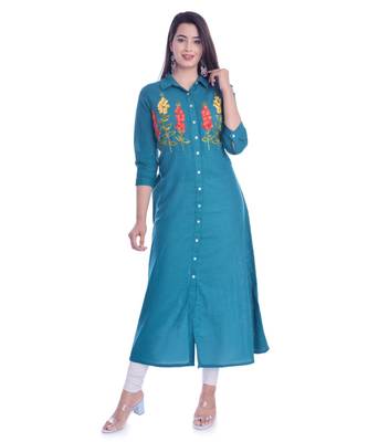 Blue Color Coton Slub Fabric A-Line Kurti 1