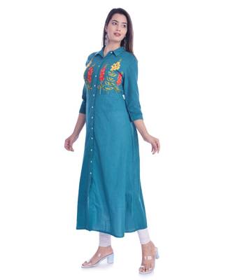 Blue Color Coton Slub Fabric A-Line Kurti 2