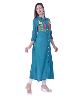 Blue Color Coton Slub Fabric A-Line Kurti 3