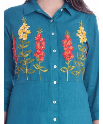 Blue Color Coton Slub Fabric A-Line Kurti 4