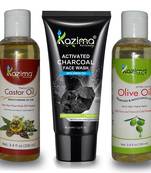 Kazima Combo of Charcoal Facewash, Olive Carrier Oil & Castor Carrier Oil (100ml Each)