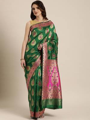 Green woven silk blend saree with blouse 1