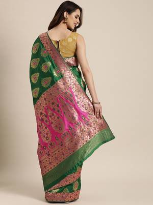 Green woven silk blend saree with blouse 2