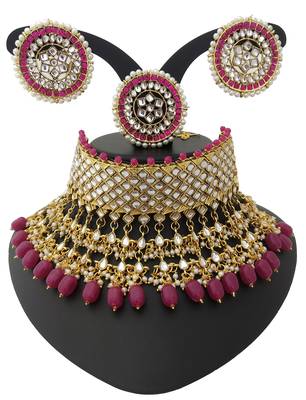 Ethnic Indian Bollywood Celebrity Ruby White Kundan Pearl 4 pc Choker Bridal Jewelry Set 1