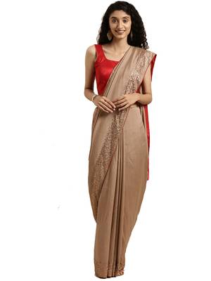 Beige woven silk blend saree with blouse 1
