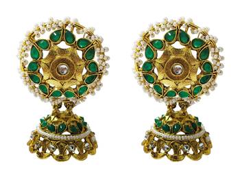 Ethnic Indian Bollywood Traditional Dark Green Pearl Kundan Jhumki Earrings Set 1