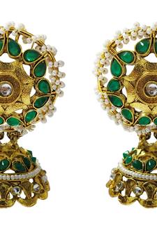 Ethnic Indian Bollywood Traditional Dark Green Pearl Kundan Jhumki Earrings Set