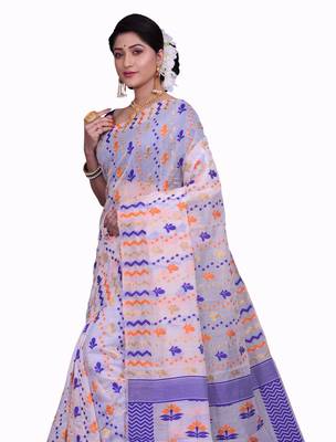 White Woven Cotton Silk Saree With Blouse 3